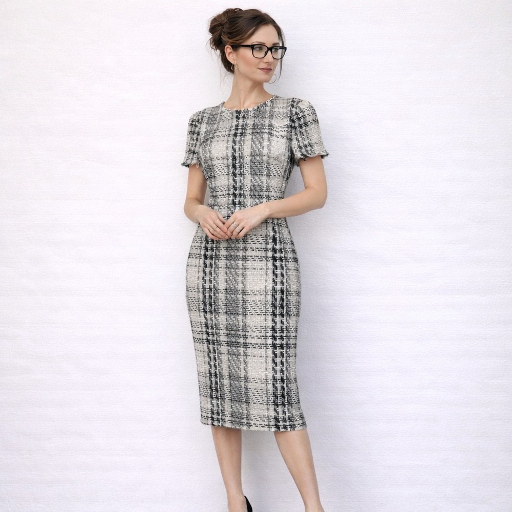 Rachel Parcell Tweed Plaid Sheath Dress XXS Black/White S/Sleeve Chanelcore Chic